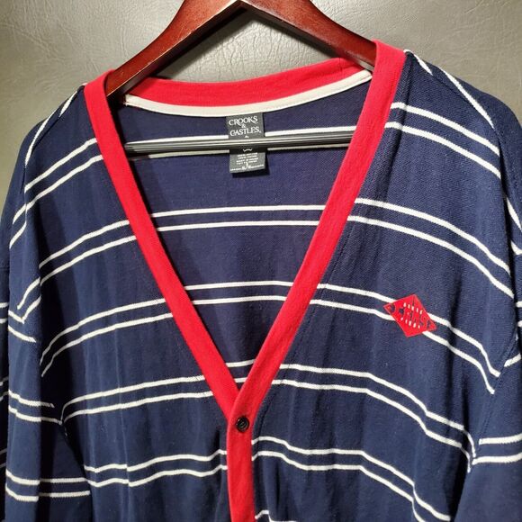 Crooks & Castles Sweater Mens XL Dark Navy White Red Knit Devil Y2K Cardigan - Picture 1 of 10